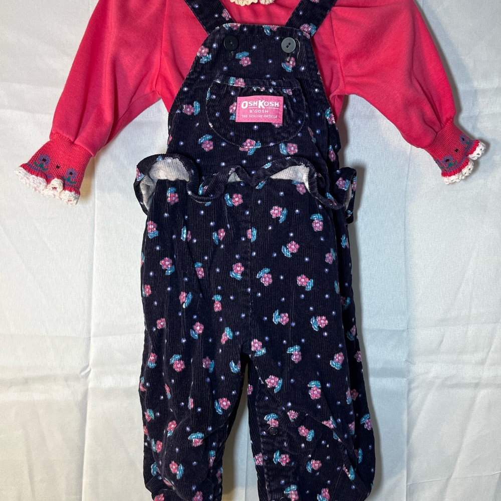 Vintage 80s OshKosh B’gosh Baby Girl Floral Corduroy Overalls Set 6–9M Vestbak